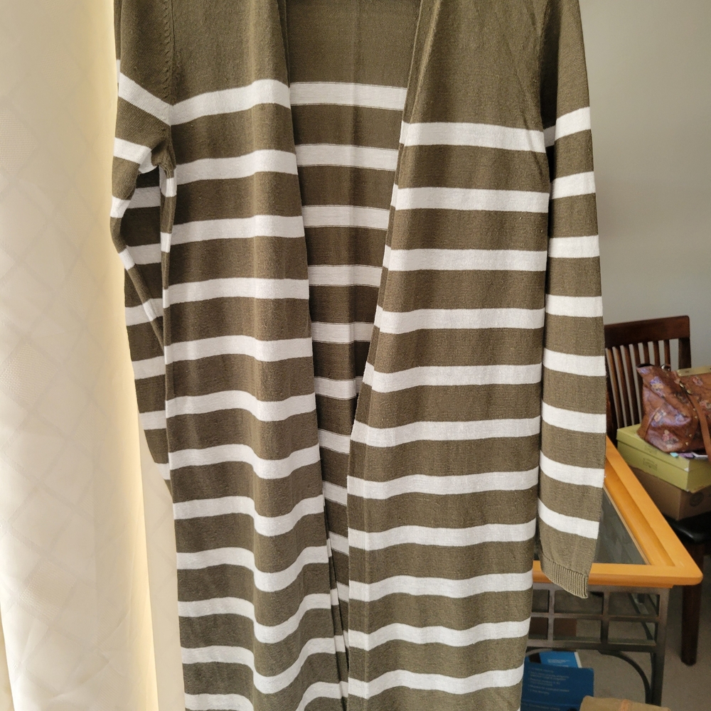 Talbots Olive Green and White Striped Cardigan